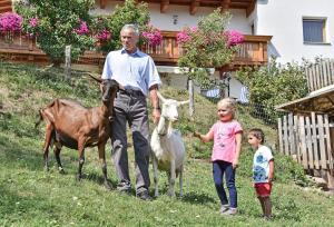 a man and two children standing in a field with goats at Apartments Schönblick in Mühlbach +30 photos