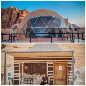 a woman sitting inside of a yurt in the desert at Tower Rum Camb in Wadi Rum