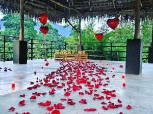 a large group of red roses on a floor with hearts at Hotel Rupa Rupa in San Ramón