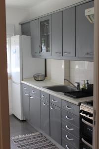 una cucina con armadi grigi e frigorifero bianco di Cantinho de Benfica ad Amadora