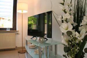 a television on a glass table with a vase of flowers at Ferienwohnung Dachshübel in Saarbrücken