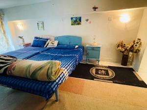 a bedroom with two beds with blue comforters at Misty Mountain in Murree