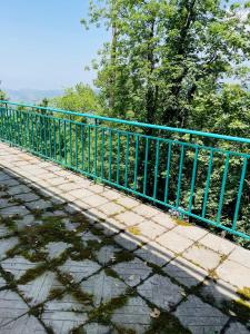 a green metal fence on a sidewalk next to trees at Misty Mountain in Murree