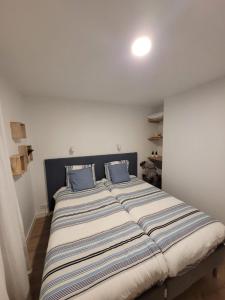 a large bed with blue pillows in a bedroom at Vakantiehuis SARAH- vlakbij meer- van S&G Holiday in Nykroppa
