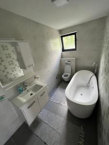łazienka z toaletą, umywalką i wanną w obiekcie La bella vue w mieście Osenjače