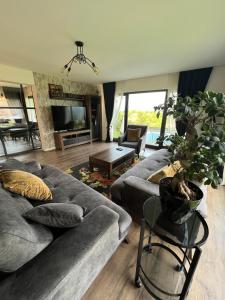 a living room with a couch and a tv at La bella vue in Osenjače +28 photos