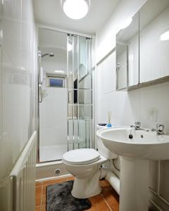 a white bathroom with a toilet and a sink at Stylish 2 BR in Clifton - Garden in Bristol