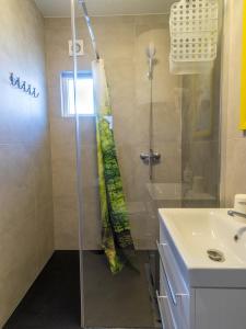 米茲多洛傑的住宿－Domki Drewniane TREBOR，带淋浴和盥洗盆的浴室