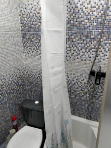 een badkamer met een wit toilet en een douche bij Vitalie Lohov in Soroca