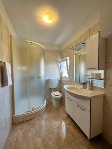 a bathroom with a shower and a sink and a toilet at Villa Dante in Trogir