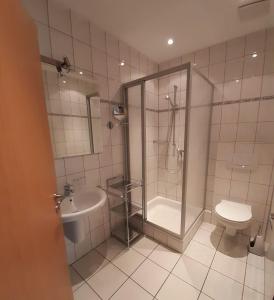uma casa de banho com um chuveiro, um WC e um lavatório. em App-4-Pers-2-Schlafzimmer-mit-eigenen-Badezimmer-2-Balkonen-alle-mit-Moselblick em Ediger-Eller