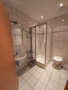 uma casa de banho com um chuveiro, um WC e um lavatório. em App-4-Pers-2-Schlafzimmer-mit-eigenen-Badezimmer-2-Balkonen-alle-mit-Moselblick em Ediger-Eller