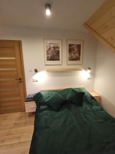 1 dormitorio con 1 cama verde y 2 almohadas en Domek Szarotka, en Zakopane