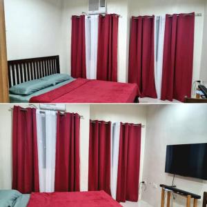 twee foto's van een bed met rode gordijnen en een televisie bij The Midpoint Residences - Studio Unit in Cebu City