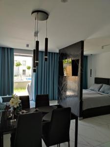 a living room with a bed and a table and chairs at Apartament Przystań z tarasem in Giżycko