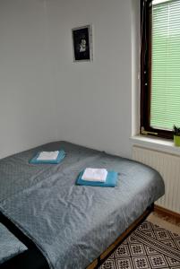 ein Schlafzimmer mit einem Bett mit zwei Handtüchern darauf in der Unterkunft Riverside Village Apartment in Bohinj