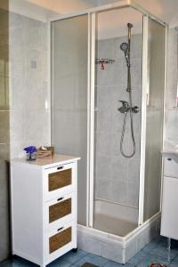 La salle de bains est pourvue d'une douche et d'une commode blanche. dans l'établissement Riverside Village Apartment, à Bohinj