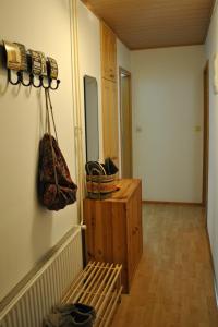 Cette chambre dispose d'un couloir avec une armoire en bois et un miroir. dans l'établissement Riverside Village Apartment, à Bohinj