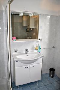 La salle de bains est pourvue d'un lavabo blanc et d'une douche. dans l'établissement Riverside Village Apartment, à Bohinj