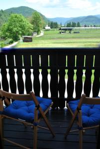 2 Stühle auf einer Veranda mit Blick auf ein Feld in der Unterkunft Riverside Village Apartment in Bohinj