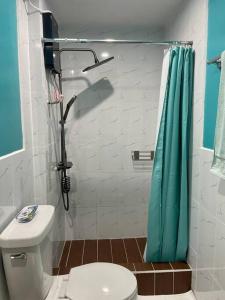 a bathroom with a toilet and a blue shower curtain at Ngermid Oasis-Spacious Studio Loft W/ Garden Views in Koror