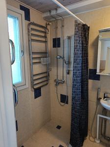 y baño con ducha y lavamanos. en Kompakti kolmio hyvällä sijainnilla en Turku