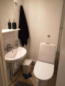 y baño con aseo blanco y lavamanos. en Kompakti kolmio hyvällä sijainnilla en Turku