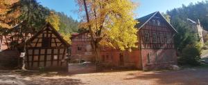 ein altes Gebäude mit einem Baum davor in der Unterkunft Naturhof-Papiermühle 2 Bett-Zimmer Rosenrot in Bollberg
