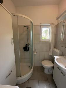 y baño con ducha, aseo y lavamanos. en Amazing View Apartment in the heart of Postira en Postire