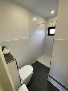 a small bathroom with a toilet and a shower at Haffkrug Beach Bungalow in Scharbeutz