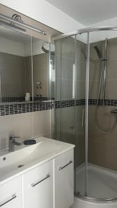 uma casa de banho com um chuveiro, um lavatório e um espelho. em Villa LILI em Rogoznica