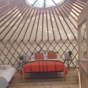 Zimmer mit einem Bett in einer Jurte mit einem Fenster in der Unterkunft The Walled Garden Yurt in Tullow