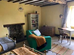 a living room with a green couch and a fireplace at Ynyswen bed & breakfast in Nantgaredig