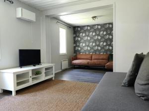 a living room with a couch and a television at Cozy cottage in Pontus in Lappeenranta
