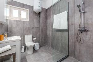 a bathroom with a shower and a toilet and a sink at Luna solari Apartment in Mantoúkion