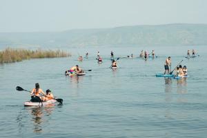 eine Gruppe von Menschen auf Kajaks im Wasser in der Unterkunft Selina Kinneret in Migdal