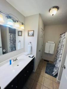 baño con lavabo y espejo grande en Tranquil Townhouse Near Lake, en Guntersville