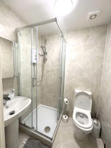 a bathroom with a shower and a toilet and a sink at Stylish 3-Bedroom Flat in Prime Location in London