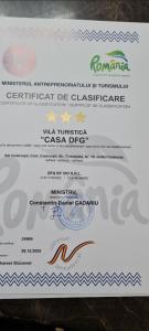 Certifikát, hodnocení, plakát nebo jiný dokument vystavený v ubytování CASA DFG