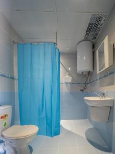 a bathroom with a blue shower curtain and a toilet at Buongiorno! Premium in Sveti Vlas