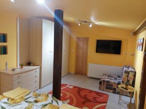 a bedroom with a bed and a tv on the wall at Biagio apartman in Balatonlelle