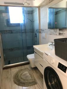a bathroom with a shower and a sink and a washing machine at Countryside Cozy Appartaments in Vlorë