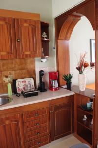 une cuisine avec des placards en bois et un mixeur rouge sur un comptoir dans l'établissement Comfortable Apartment in the Center of Alexandroupolis, à Alexandroúpolis
