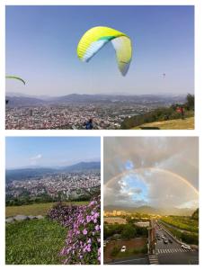 a collage of three pictures with a kite and a rainbow at Fun星空謐境 埔里包棟民宿 烤肉麻將自然園區 in Puli