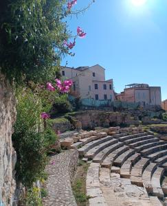 un conjunto de escalones de piedra con flores rosas en una colina en La Casetta Nelle Mura, en Terracina