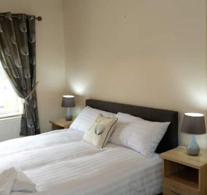 法爾卡拉的住宿－Teach pádraig，一间卧室配有一张带两盏灯的大型白色床。
