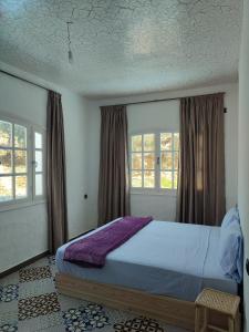 a bedroom with a bed and two windows at Dar Aya Dmina in Demina