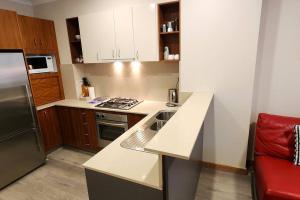 eine kleine Küche mit einer Theke und einem Kühlschrank in der Unterkunft Location and Lifestyle - 1 bed, 2 bath + parking in Sydney