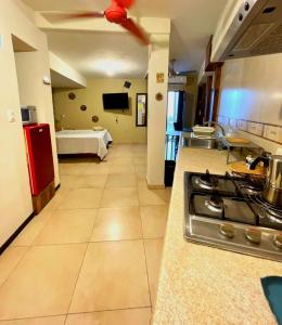 a kitchen with a stove and a room with a bed at Hospédate en Paseo Santa Lucía - LOFT in Monterrey