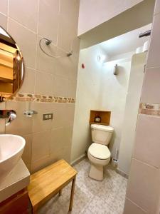 a bathroom with a toilet and a sink at Hospédate en Paseo Santa Lucía - LOFT in Monterrey